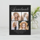 Invitation Élégante calligraphie Noir 4 Photo Graduation Part (Debout devant)