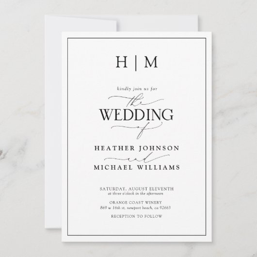 Invitation Élégante calligraphie noir et blanc Monogramme Pho (Devant)