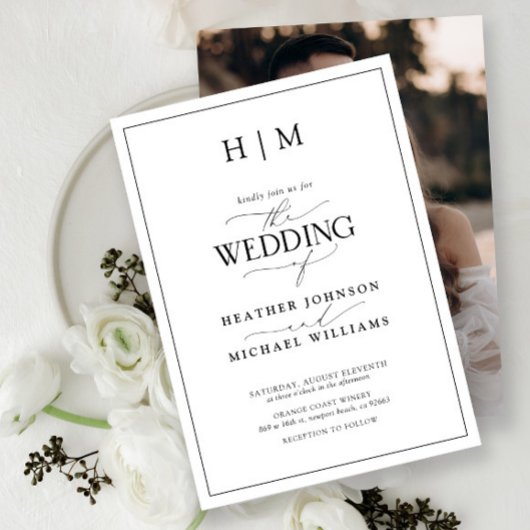 Invitation Élégante calligraphie noir et blanc Monogramme Pho