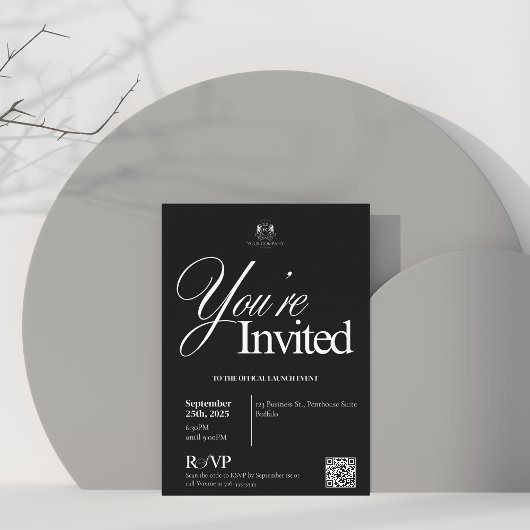 Invitation Élégante calligraphie noire QR Ouverture d'entrepr
