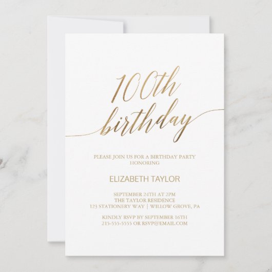 Invitation Élégante calligraphie or 100e anniversaire (Devant)