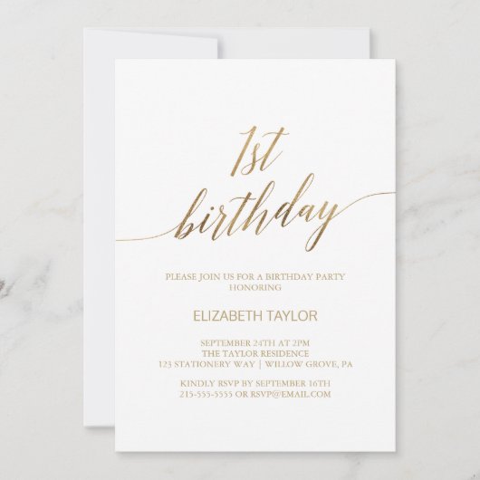 Invitation Élégante calligraphie or 1er anniversaire (Devant)