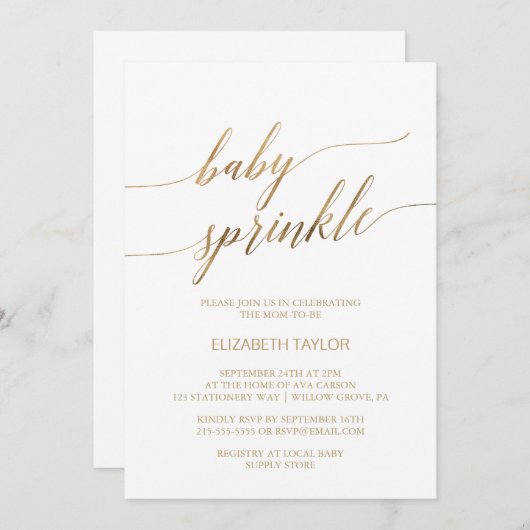 Invitation Élégante calligraphie Or Bébé Sprinkle (Devant / Derrière)