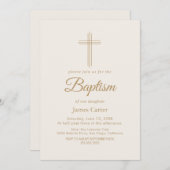 Invitation Élégante Calligraphie Or Crème Croix Baptême (Devant / Derrière)