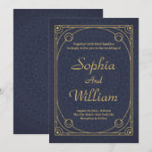Invitation Elégante Calligraphie or et Mariage bleu marine (Devant / Derrière)