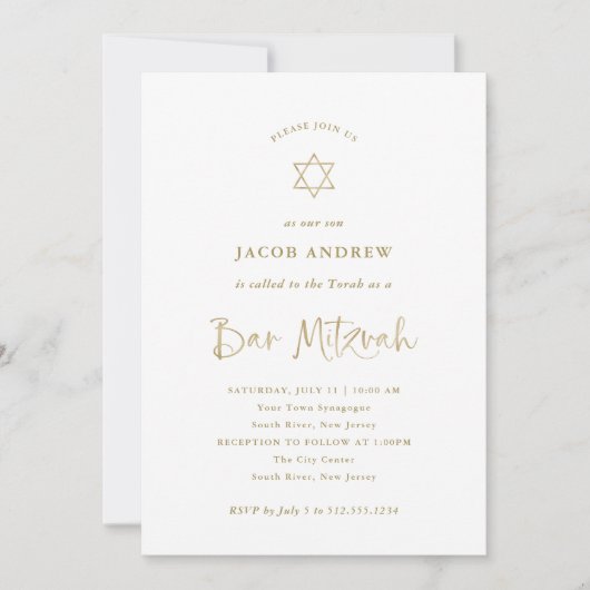 Invitation Élégante Calligraphie Or Faux | Bar Mitzvah (Devant)
