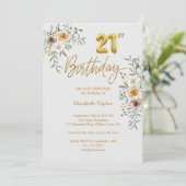Invitation Élégante calligraphie Or & Florals 21e anniversair (Debout devant)