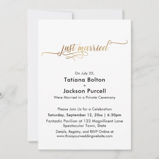 Invitation Élégante Calligraphie Or Juste Marié Réception (Devant)