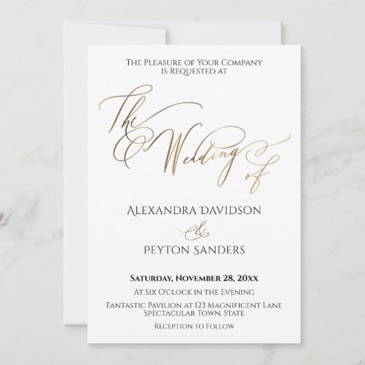 Invitation Élégante calligraphie or "Le Mariage de" (Devant)