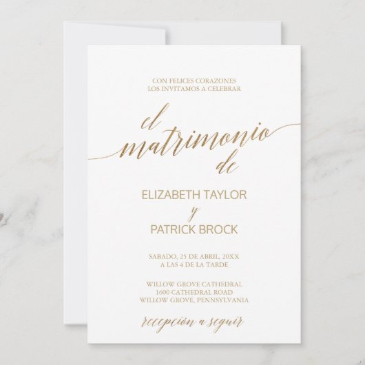 Invitation Élégante calligraphie Or | Mariage Détails espagno (Devant)
