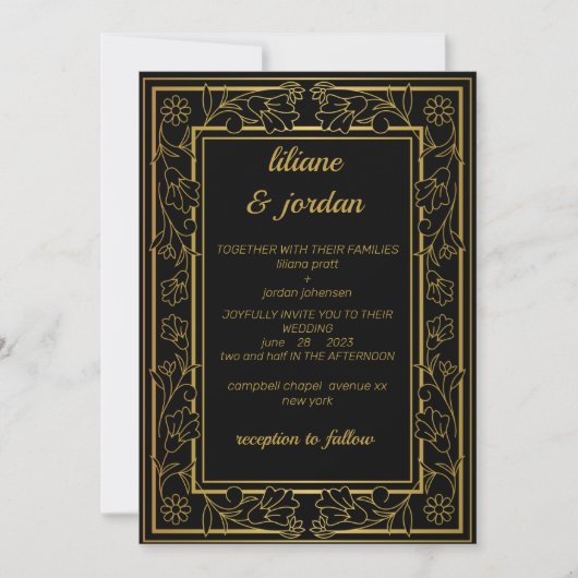 Invitation élégante calligraphie or Mariage noir (Devant)