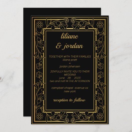 Invitation élégante calligraphie or Mariage noir (Devant / Derrière)