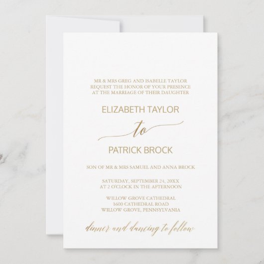 Invitation Élégante calligraphie or Mariage officiel (Devant)