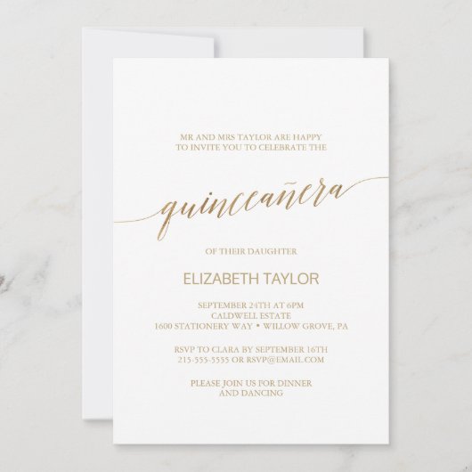 Invitation Élégante calligraphie or Quinceañera (Devant)