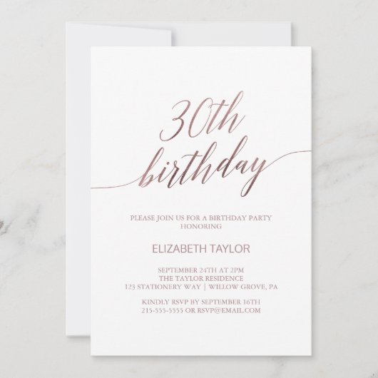 Invitation Élégante calligraphie or Rose 30e anniversaire (Devant)