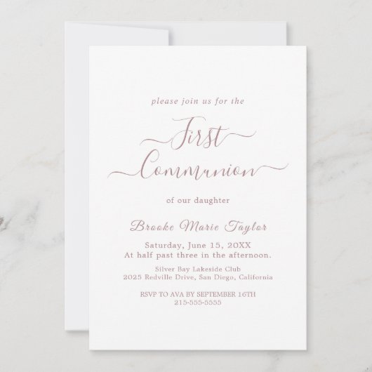 Invitation Élégante calligraphie or Rose première communion (Devant)