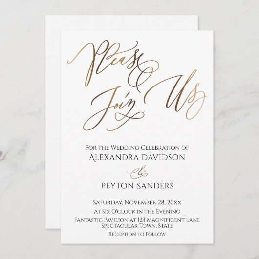 Invitation Élégante calligraphie or "S'il vous plaît rejoigne (Devant / Derrière)