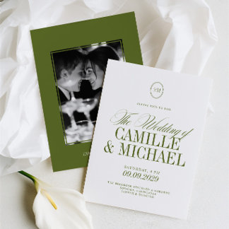 Invitation Élégante Calligraphie Photo de Mariage Vert Olive
