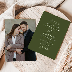 Invitation Élégante Calligraphie Photo de Mariage Vert Olive