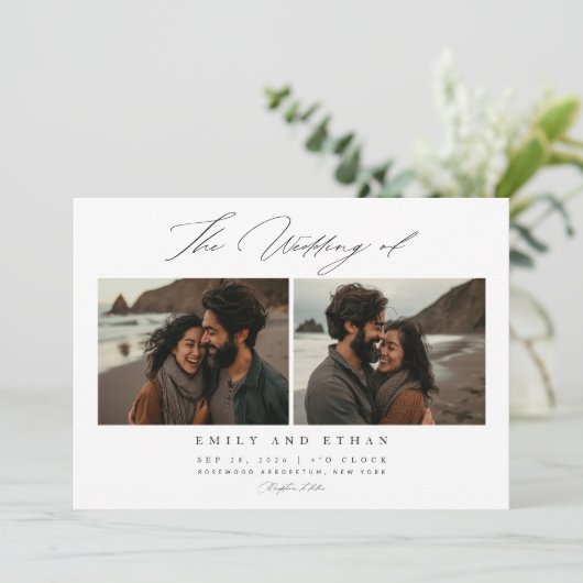 Invitation Élégante calligraphie Plage Photo QR Code Mariage (Debout devant)