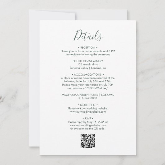 Invitation Élégante calligraphie QR Code Sage Mariage vert (Dos)