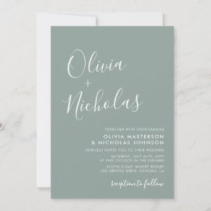 Invitation Élégante calligraphie QR Code Sage Mariage vert