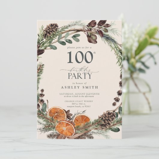 Invitation Élégante calligraphie Rustique Orange 100e anniver (Debout devant)