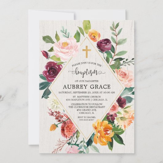 Invitation Elégante cascade fleurie rustique baptême (Devant)