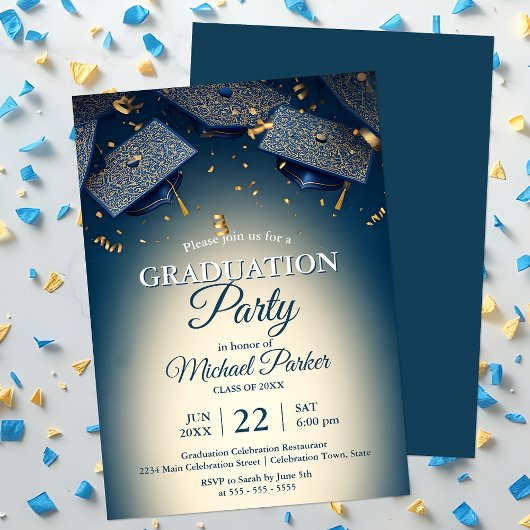 Invitation Élégante Casquette Bleue avec Confetti Or