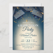 Invitation Élégante Casquette Bleue avec Confetti Or (Devant)