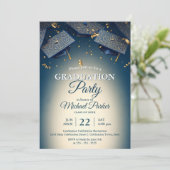 Invitation Élégante Casquette Bleue avec Confetti Or (Debout devant)