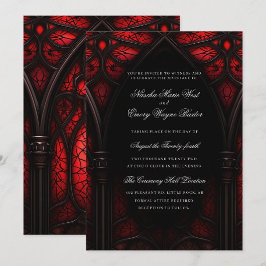 Invitation Elégante cathédrale rouge et noire Mariage gothiqu (Devant / Derrière)
