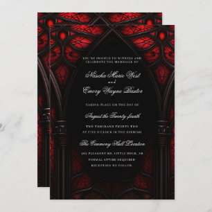 Invitation Elégante cathédrale rouge et noire Mariage gothiqu