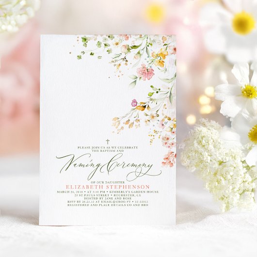 Invitation Élégante cérémonie de baptême des Fleurs sauvages 