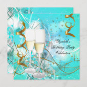 Invitation Elégante Champagne d'anniversaire en or bleu Turqu (Devant / Derrière)