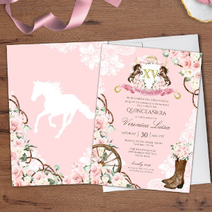 Invitation Elégante Charro Quinceanera aux fleurs roses