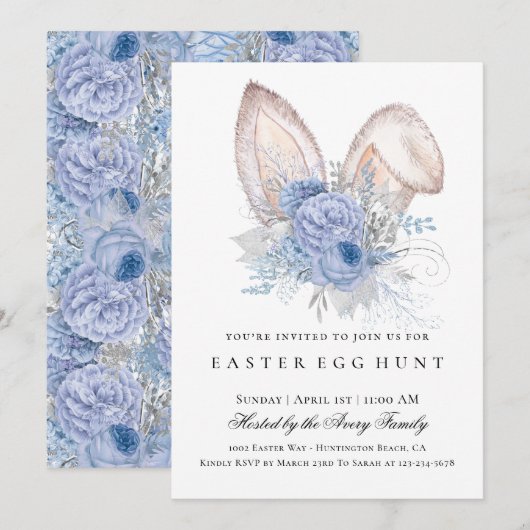 Invitation Elégante chasse aux oeufs de Pâques floral bleu (Devant / Derrière)