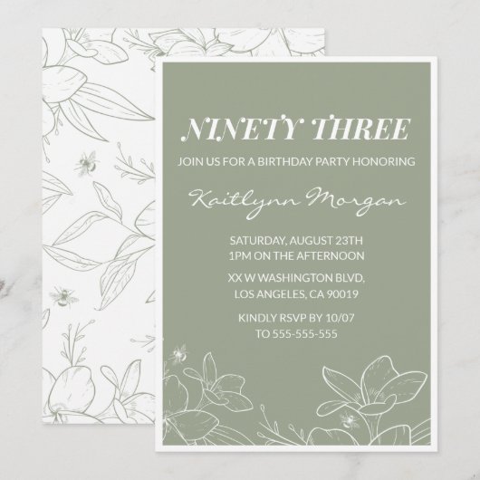 Invitation élégante chic verte florale pour 93e an (Devant / Derrière)