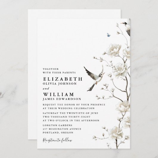 Invitation Elégante Chinoiserie Blanche Floral Garden Mariage (Devant / Derrière)