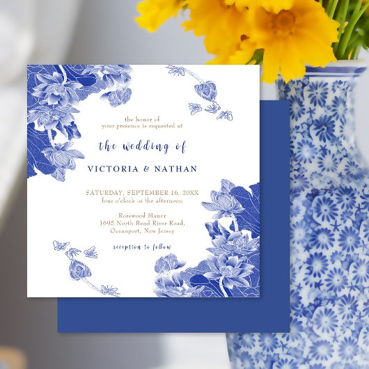 Invitation Élégante Chinoiserie bleue Floral Carré Mariage