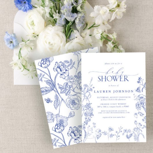 Invitation Élégante Chinoiserie Floral Blue Baby shower