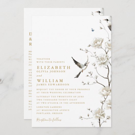 Invitation Élégante Chinoiserie Or Floral Tout en un Mariage (Devant / Derrière)