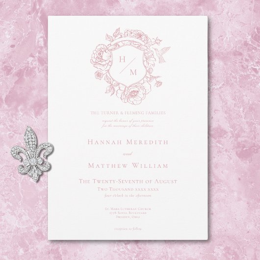 Invitation Élégante Chinoiserie rose Mariage d'oiseaux et de
