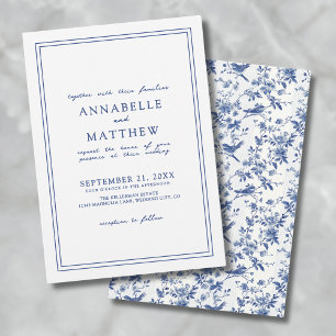 Invitation Élégante chinoserie oiseau floral bleu mariage