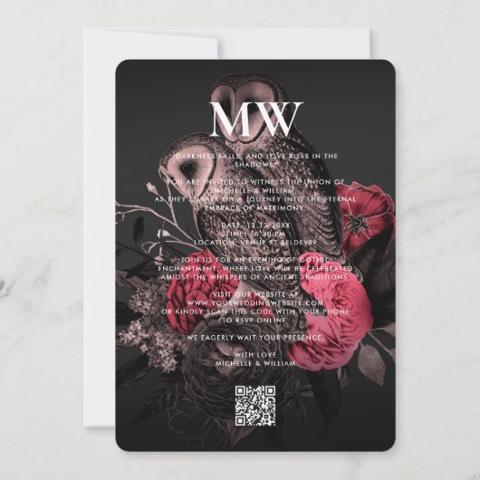 Invitation Elégante Chouette Couple gothique Mariage Rose fon (Dos)