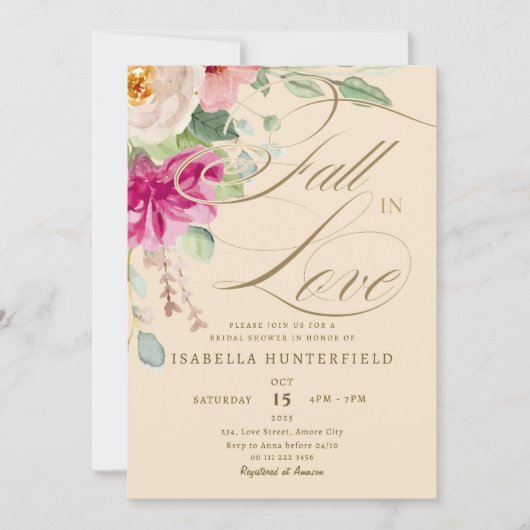 Invitation Élégante chute en amour Fête des mariées florale (Devant)