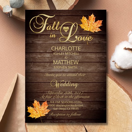 Invitation Élégante chute en amour Mariage en bois rustique