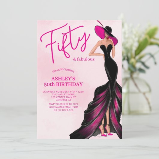Invitation Elégante Cinquante Fabuleuse Robe Rose 50e Anniver (Debout devant)