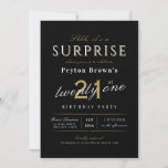 Invitation Elégante classe moderne surprise 21e anniversaire<br><div class="desc">Une invitation à l'anniversaire classique moderne comprend un script et une typographie élégants avec les détails de votre fête en blanc,  noir et or sophistiqués,  simple et élégant,  Grande pour la fête du 21ème anniversaire ou tout autre âge, </div>