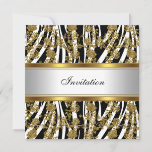 Invitation Élégante Classique Or Noir Zèbre Floral